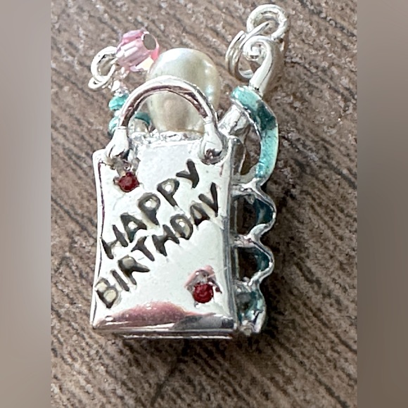 Sterling Silver Detailed Happy Birthday Gift Bag Charm with 4 Ruby Birthstones. - Picture 3 of 6